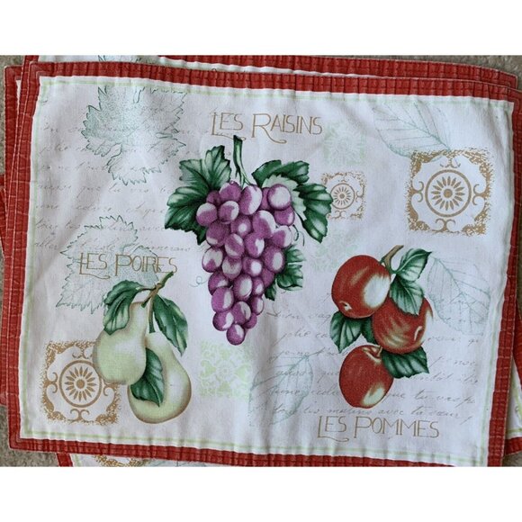 VINTAGE 4 Pc Cotton Placemat French Country Chic Cottage Kitchen Red Tan Fruit - Picture 4 of 11